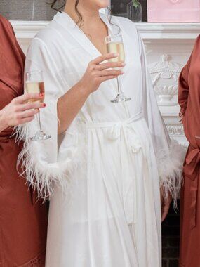 White Silk Bridal Robe: Ostrich Feather Boudoir Wedding Gown